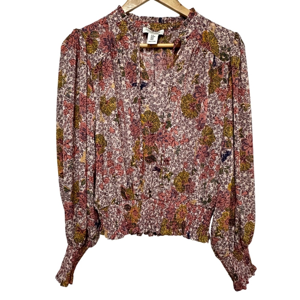 Rachel Zoe Floral Peasant Blouse Women Medium Smocked Waist Long Sleeve Boho Top